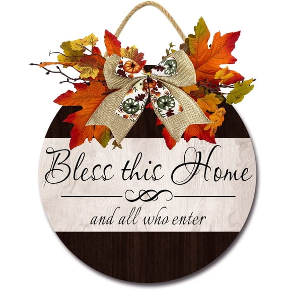 Eveokoki 11" Bless This Home and All Who Enter Signs for Front Door Farmhouse Porch, Rustic Round Wooden Hanging Wreaths for Housewarming Gift Festival Maple Leaves Decoration Outdoor Indoor