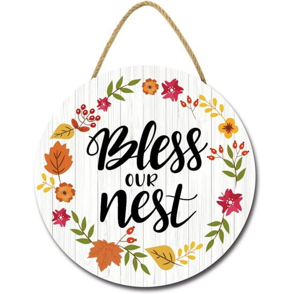 Eveokoki 11" Bless Our Nest Welcome Sign for Front Door Thanksgiving Wreaths Porch Door Wall Decor Autumn Wooden Hanging Sign for Home FamerHouse Outdoor Indoor