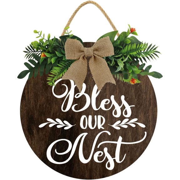 Eveokoki 11" Bless Our Nest Wreaths Decor Sign Front Door Round Wood Hanging Sign with Ribbon Bow and Artificial Green Leaves, Farmhouse Porch Decorations for Thanksgiving