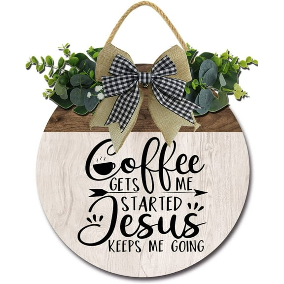 Eveokoki 11" Coffee Gets Me Started Jesus Keeps Me Going Coffee Bar Decor Sign Farmhouse Wall Decor, Wooden Round Retro Rustic Coffee Bar Decor Coffee Lover Coffee Station Decor Home Office Kitchen