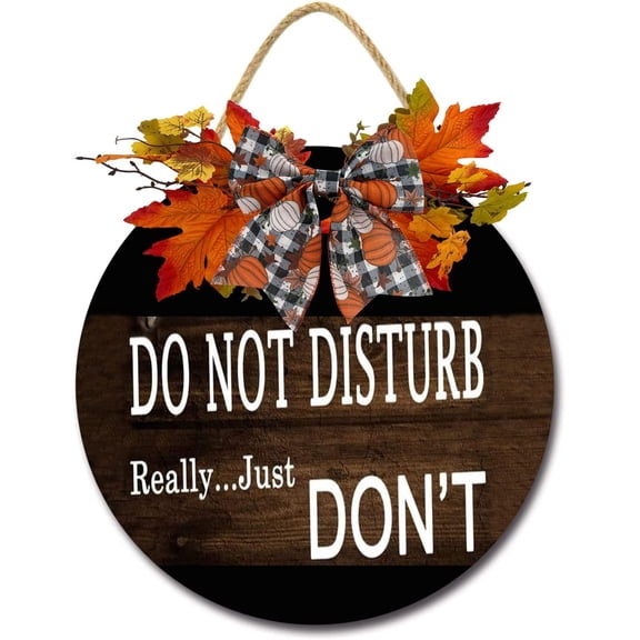 Eveokoki 11" Do Not Disturb 03 Wreaths Decor Sign Front Door, Home Decor Front Round Wood Hanging Sign with Ribbon Bow and Artificial Leaves
