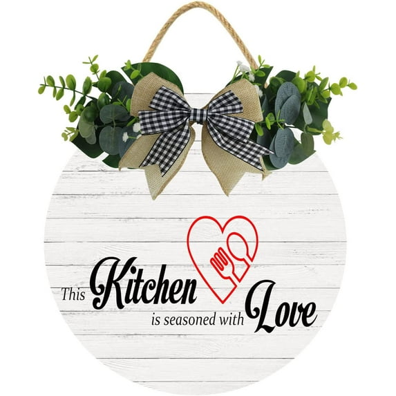 Eveokoki 11" Door Hanger,This Kitchen Is Seasoned With Love Front Door Round Wood Sign Hanging,Porch Decor Sign for Farmhouse,Rustic Wood Wreaths Sign