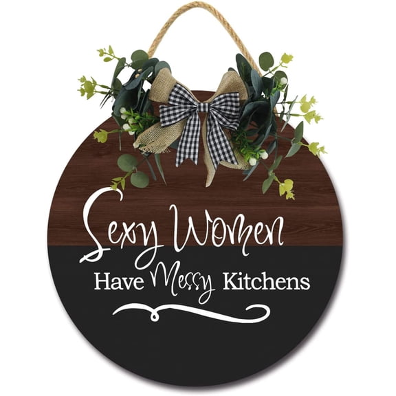 Eveokoki 11" Door Wooden Hanging Sign,Sexy Woman Messy Kitchen Sign Front Door Decor with Bowknot Rustic Farmhouse Wood Sign Door Hanger for All Season All Holiday Home Office Shop Window