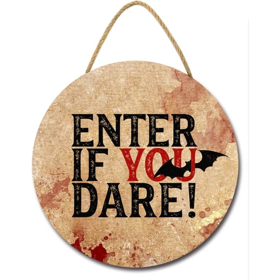 Eveokoki 11" Enter If You Dare Bat Halloween Decoration Halloween Sign for Front Door,Round Wood Sign Hanging Wreaths for Home Wall Decor Halloween Day Party Decoration Outdoor Indoor