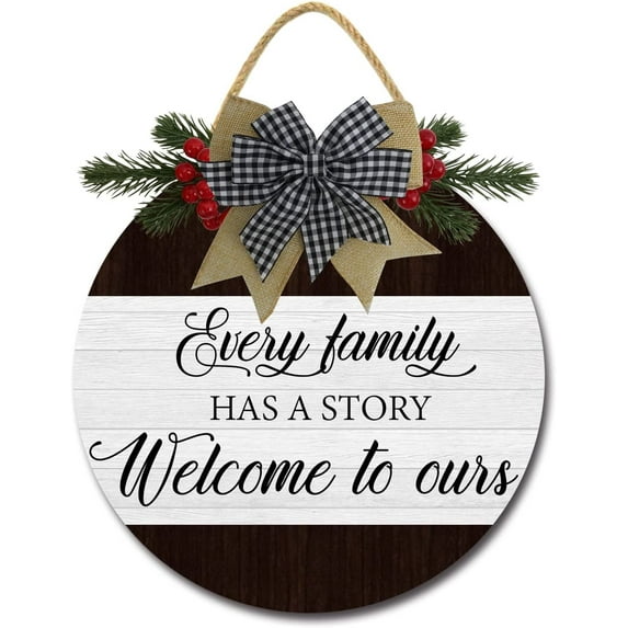 Eveokoki 11" Every Family Has A Story Welcome to Ours Sign for Front Door Farmhouse Porch Rustic Round Wooden Hanging Wreaths for Housewarming gift ,Christmas Festival Decoration Outdoor Indoor