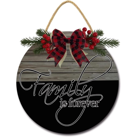 Eveokoki 11" Family Is Forever Wreaths Decor Sign Front Door, Home Decor Front Round Wood Hanging Sign with Ribbon Bow and Artificial Leaves