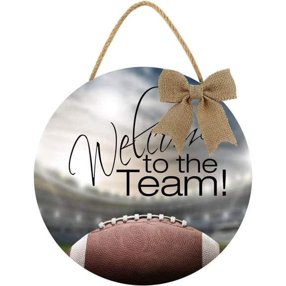 Eveokoki 11" Football Sign Welcome To The Football Team Round Hanging Sign Football Wooden Door Sign Door Hanger,Wood Hanging Decoration