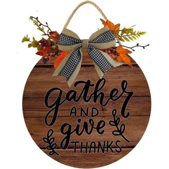 Eveokoki 11" Gather And Give Thanks Wood Sign Hanging Front Door Sign Fall Wooden Wall Art Sign Hanging Hello Fall Porch Sign Rustic Wood Decor for Thanksgiving Day Autumn Party Decor