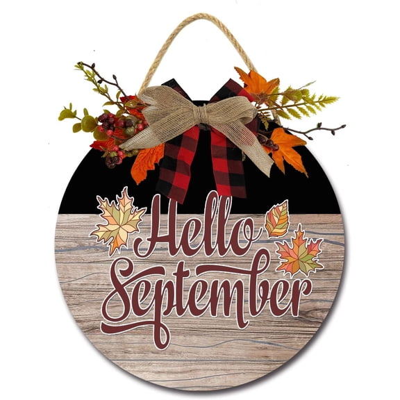 Eveokoki 11" Hello September Wooden Door Sign, Welcome Front Door Plaque Hanger Home Decoration for Farmhouse Office Coffee Shop,Hanging Sign Board with Hanging String for Home Decor