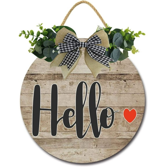 Eveokoki 11" Hello Sign, Hello Front Door Round Wood Sign Hanging,Wooden Hello Sign Front Door Hanging,Hello Plaque Wreath Art Board Rustic Home Decor,Farmhouse Porch Decor