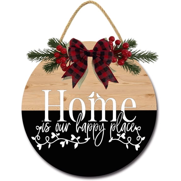 Eveokoki 11" Home Our Happy Place Wreaths Decor Sign Front Door, Home Decor Front Round Wood Hanging Sign with Ribbon Bow and Artificial Leaves