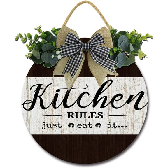 Eveokoki 11" Kitchen Rules Just Eat It Decor Farmhouse Kitchen Wall Decor Wooden Round Rustic Kitchen Front Door Kitchen Sign for Home Decor Dining room Decration