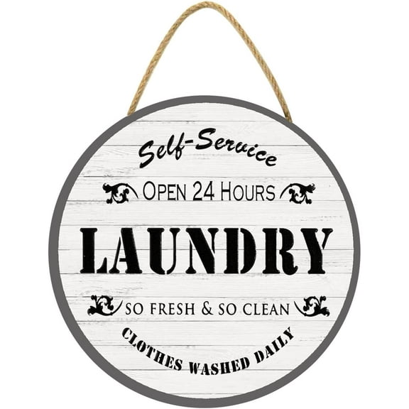 Eveokoki 11" Laundry Door Sign, Laundry Self Service Open 24 Hours So Fresh & So Clean Clothes Washed Daily Wood Sign Plaque Wooden Vintage Wooden Laundry Room Hanging Sign Decor for Farmhouse