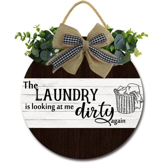 Eveokoki 11" The Laundry is Looking at Me Dirty Again Sign Rustic Wooden Plaque Wreaths for Laundry Room Wall Door Funny Decor Vintage Hanging Sign for Wash House Farmhouse