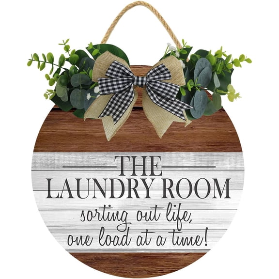 Eveokoki 11" Laundry Room Door Sign Home Decor Round Laundry Room Wood Wreaths Wall Hanging Sign Farmhouse Porch Sign Front Door Decoration for Housewarming Gift All Seasons Holidayes
