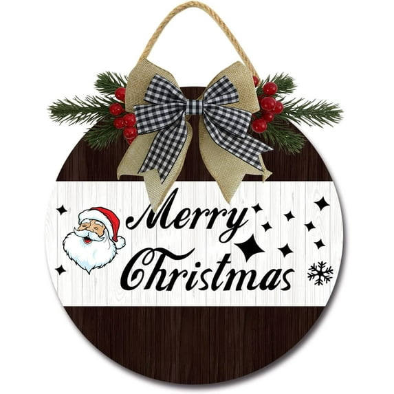 Eveokoki 11" Merry Sign Christmas Welcome Sign for Front Door, Round Wooden Hanging Wreaths for Porch Home Wall Decor Farmhouse Christmas Holiday Decoration Outdoor Indoor