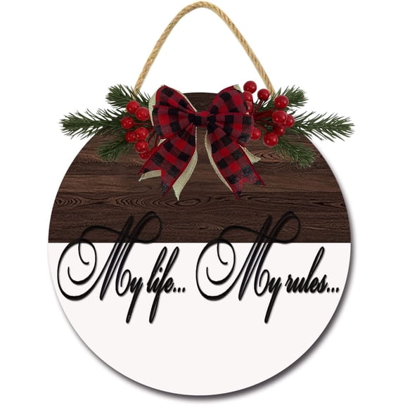 Eveokoki 11" My Life My Rules Wreaths Decor Sign Front Door, Home Decor Front Round Wood Hanging Sign with Ribbon Bow and Artificial Leaves