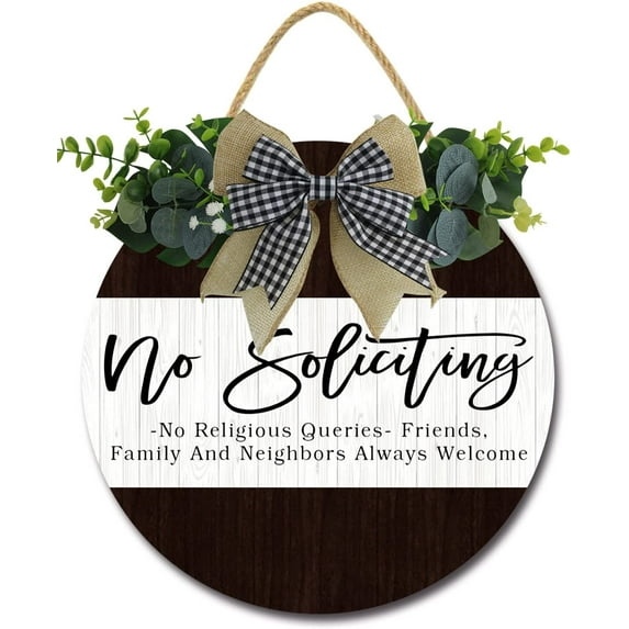 Eveokoki 11" No Soliciting Sign for Home Round Rustic Wreaths Wooden Plaque, Vintage Wall Art Decor For Door Yard Store Office Bedroom Farmhouse