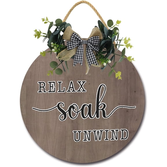 Eveokoki 11" Rustic Round Wood Wreaths,Relax Soak Unwind Sign Front Door Decoration,Wall Hanging Outdoor, Farmhouse, Porch, for Spring Summer Fall All Seasons Holiday