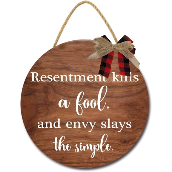 Eveokoki 11" Rustic Wooden Resentment Kills A Fool And Envy Slays The Simple Signs for Front Porch, Porch Decor Sign, Rustic Wooden Door Hangers Front Door Outdoor Hanging Vertical Sign