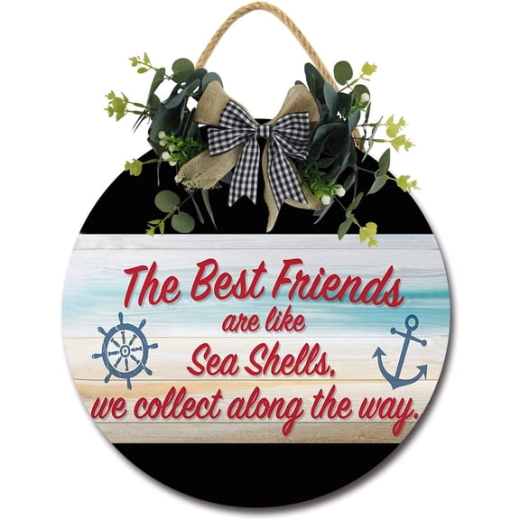 Eveokoki 11" Rustic Wooden Sea Shell Friendship Nautical Signs for Front Porch, Porch Decor Sign, Rustic Wooden Door Hangers Front Door Outdoor Hanging Vertical Sign