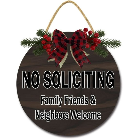 Eveokoki 11" No Soliciting Family Friends Neighbors Wreaths Decor Sign Front Door, Home Decor Round Wood Hanging Sign with Ribbon Bow and Artificial Leaves