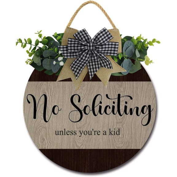 Eveokoki 11" No Soliciting Unless You're A Kid Quote Sign for Front Door Round Rustic Wreaths Wooden Plaque, Vintage Wall Art Decor For Porch Yard Store Home Office Farmhouse