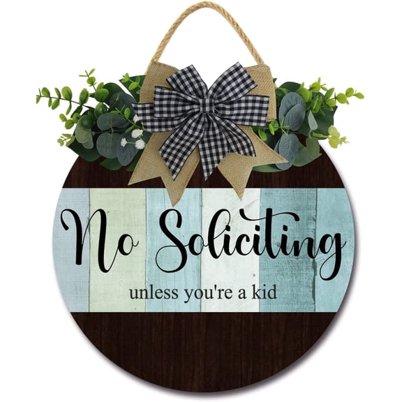 Eveokoki 11" No Soliciting Unless You're A Kid Quote Sign for Front Door Round Rustic Wreaths Wooden Plaque, Vintage Wall Art Decor For Porch Yard Store Home Office Farmhouse
