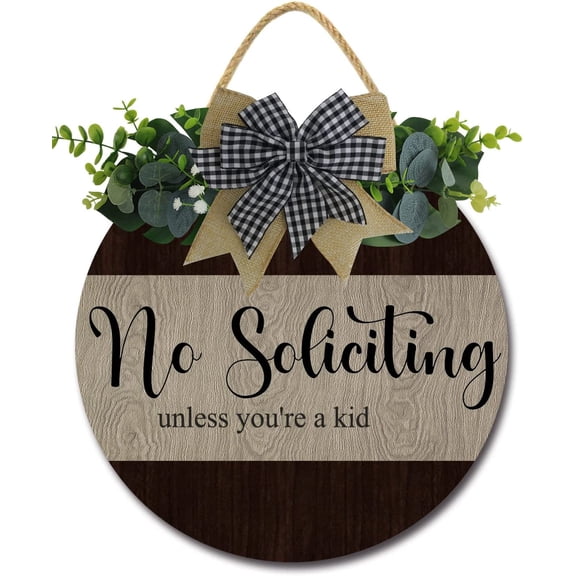 Eveokoki 11" No Soliciting Unless You're A Kid Quote Sign for Front Door, Round Rustic Wreaths Wooden Plaque Vintage Wall Art Decor For Porch Yard Store Home Office Farmhouse