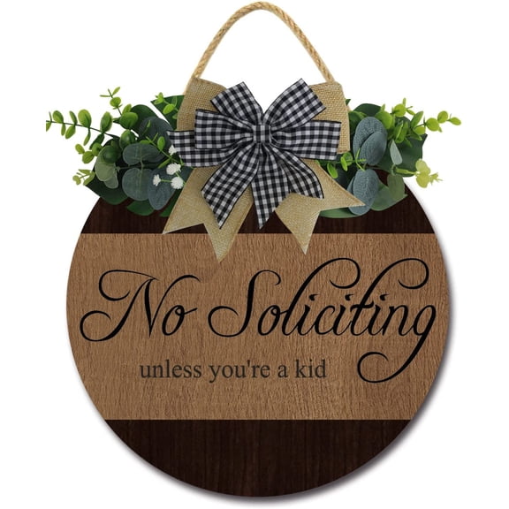 Eveokoki 11" No Soliciting Unless You're A Kid Quote Sign for Front Door, Round Rustic Wreaths Wooden Plaque Vintage Wall Art Decor For Porch Yard Store Home Office Farmhouse