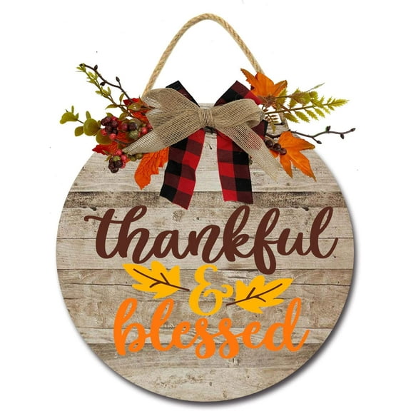 Eveokoki 11" Thankful Blessed Wooden Door Sign, Welcome Front Door Plaque Hanger Home Decoration for Farmhouse Office Coffee Shop,Hanging Sign Board with Hanging String for Home Decor