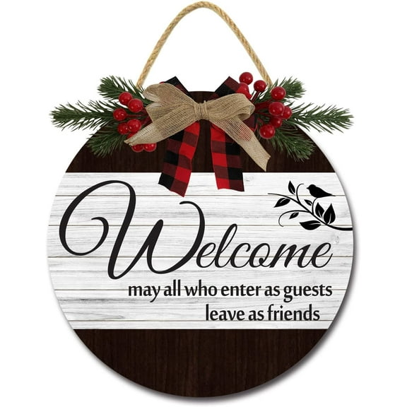 Eveokoki 11" Welcome Sign for Front Door ,Farmhouse Porch Rustic Round Wooden Hanging Wreaths for Housewarming gift Christmas Festival Decoration Wall Decor Outdoor Indoor