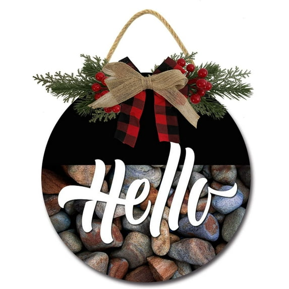 Eveokoki 11" Welcome Sign Hello Front Door Home Decor Round Wood Wreaths Hanging Wall Pediments Farmhouse Porch Welcome Sign Front Door Decoration for Housewarming Gift All Seasons Holidaych