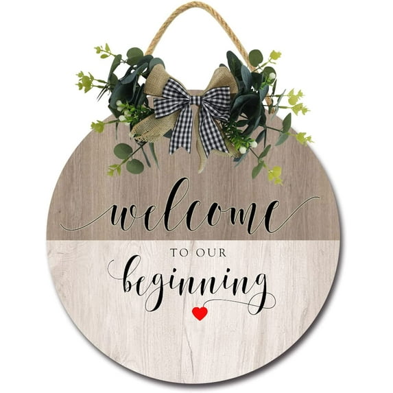 Eveokoki 11" Wood Plaque Welcome to Our Beginning Sign Rustic Welcome Wedding Sign Welcome to Our Wedding Sign Round Wooden Printable,Wedding Reception Poster