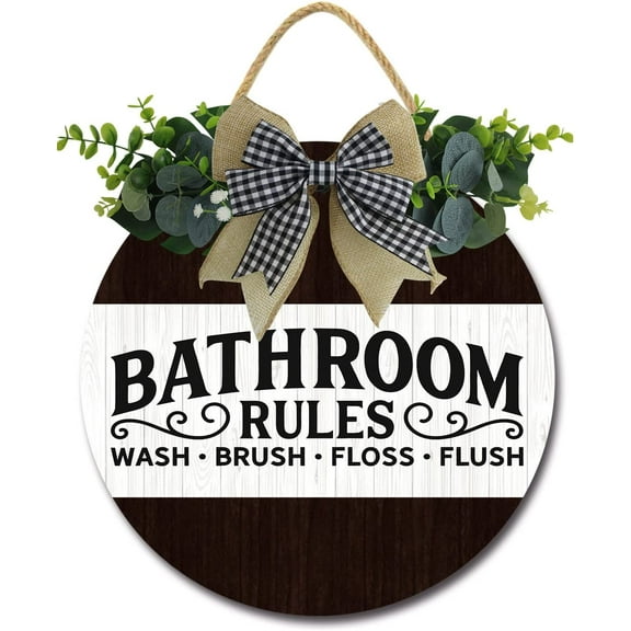 Eveokoki 12" Bathroom Rules Signs for Front Door Farmhouse ，Rustic Round Wooden Hanging Wreaths for Bathroom Wash House Toilet Housewarming Gift Decoration Indoor Wall Decor