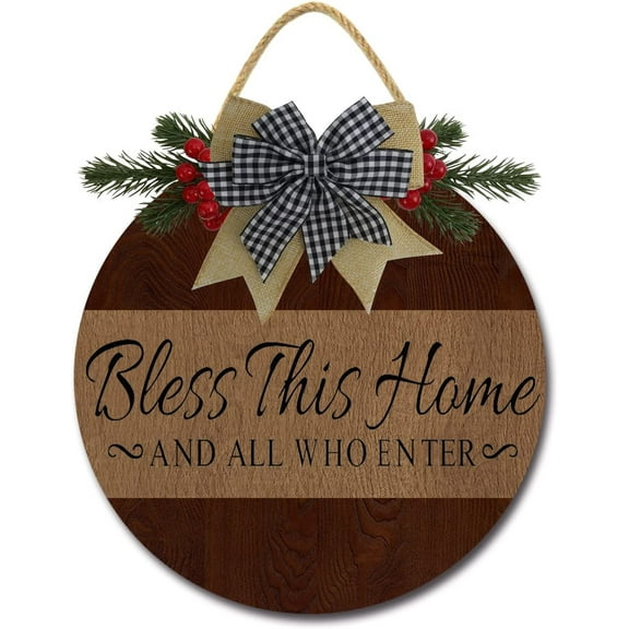 Eveokoki 12" Bless This Home Quote Sign for Front Door Farmhouse Porch ,Rustic Round Wooden Hanging Wreaths for Housewarming gift Christmas Festival Decoration Wall Decor Outdoor Indoor