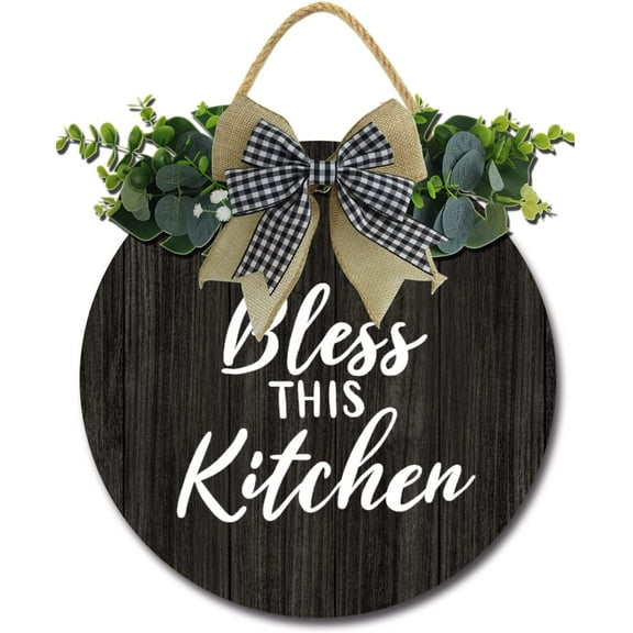 Eveokoki 12" Bless This Kitchen Decor Farmhouse Kitchen Wall Decor Wooden Round Rustic Kitchen Sign Hanging Wall Art for Home Decor Dining room Decration