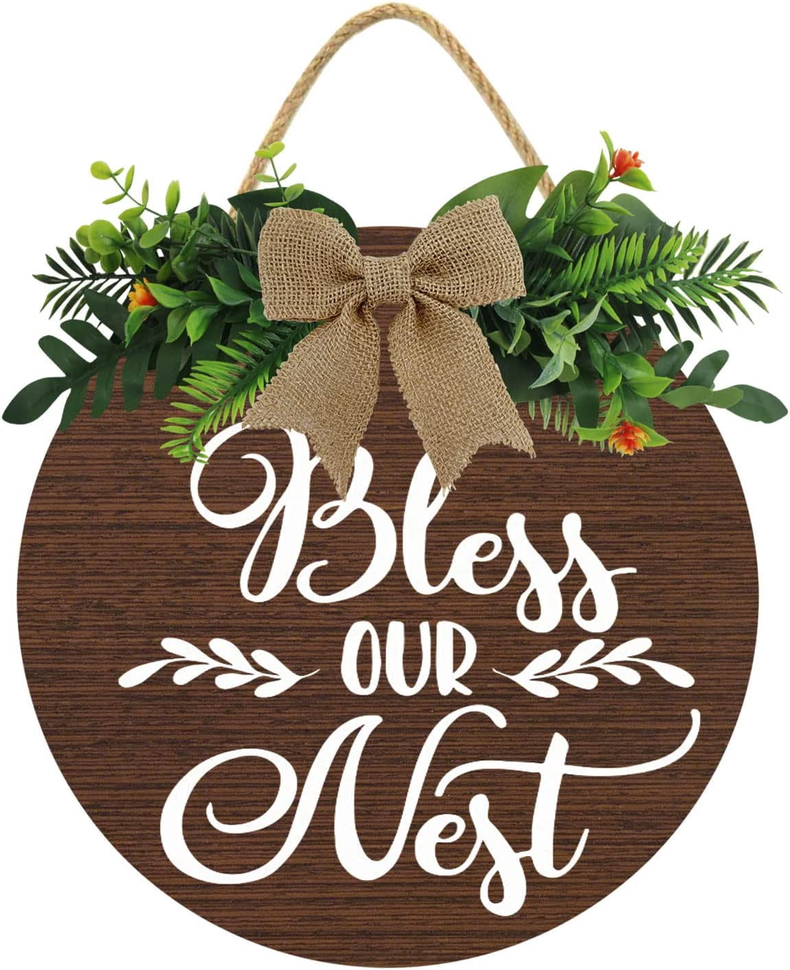 Welcome Wreaths Decor Sign Front Door, Round Wood Hanging Sign with Ribbon Bow and Artificial Green Leaves