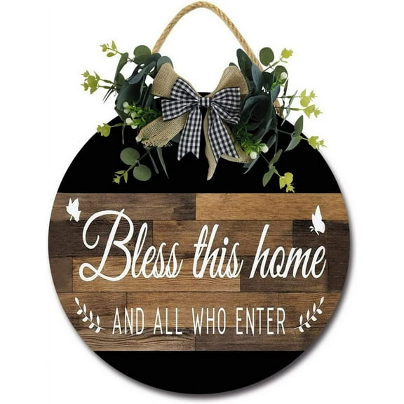Eveokoki 12" Bless This Home Sign for Front Door Outside Funny Porch Signs Outdoor,Funny Wreaths Decorations Rustic Farmhouse Wall Art Decor