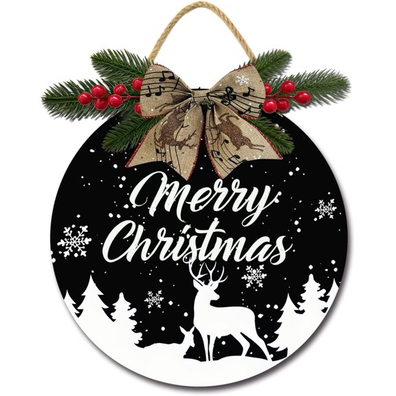 Eveokoki 12" Christmas Wood Sign,Merry Xmas Sign for Front Door,Round Rustic Wooden Plaque Farmhouse Hanging Decor