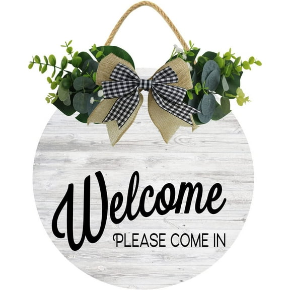 Eveokoki 12" Door Hanging Decor,Welcome Please Come In Front Door Round Wood Sign Hanging,Porch Decor Sign for Farmhouse,Rustic Wood Wreaths Sign
