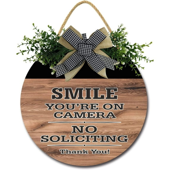 Eveokoki 12" Door Smile Youre On Camera No Soliciting Thank You Wooden Hanging Interior and Exterior Round Shape Decoration,Wall Porch Rustic Door Sign - Farmhouse Front Porch Decorch