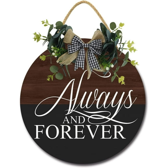 Eveokoki 12" Door Wooden Hanging Sign,Always and Forever Sign Front Door Decor with Bowknot Rustic Farmhouse Wood Sign Door Hanger for All Season All Holiday Home Office Shop Window