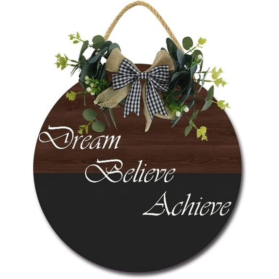 Eveokoki 12" Door Wooden Hanging Sign,Dream Believe Achieve Sign Front Door Decor with Bowknot Rustic Farmhouse Wood Sign Door Hanger for All Season All Holiday Home Office Shop Window