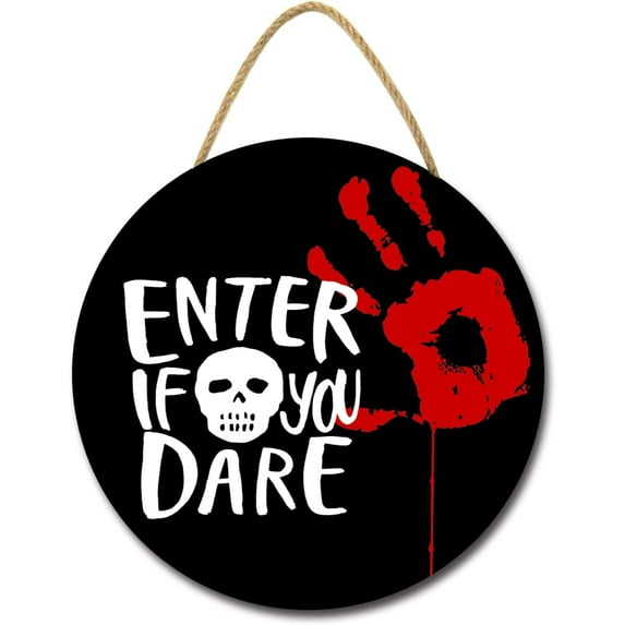 Eveokoki 12" Enter If You Dare Halloween Decoration Halloween Sign for Front Door,Wood Welcome Sign Hanging Halloween Wreaths for Home Bedroom Wall Decor Party Decoration Outdoor Indoor