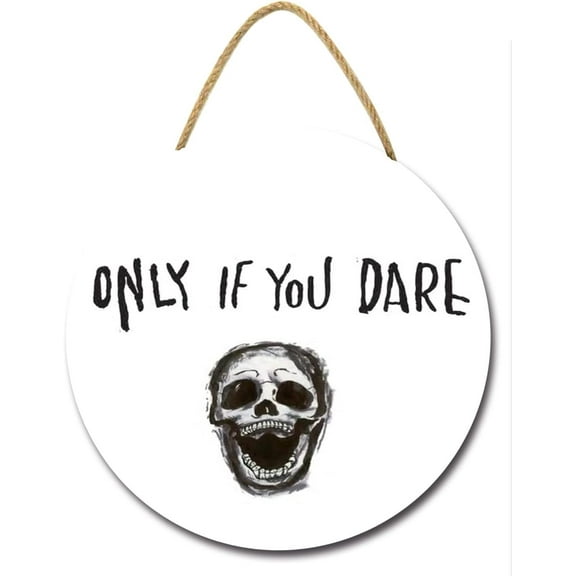Eveokoki 12" Enter If You Dare Skull Halloween Decoration Halloween Sign for Front Door，Round Wood Sign Hanging Wreaths for Home Wall Decor Halloween Day Party Decoration Outdoor Indoor