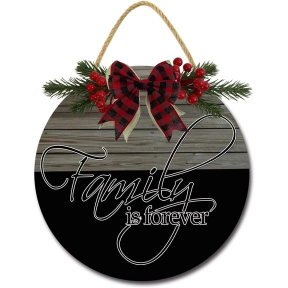 Eveokoki 12" Family Is Forever Wreaths Decor Sign Front Door, Home Decor Front Round Wood Hanging Sign with Ribbon Bow and Artificial Leaves