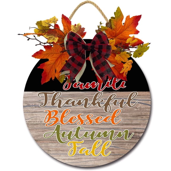 Eveokoki 12" Family Thankful Blessed Autumn Fall Front Door Decor for Farmhouse Porch Decorations, Rustic Door Wreaths Sign with Fall Leaves, Round Wooden Hanging Sign