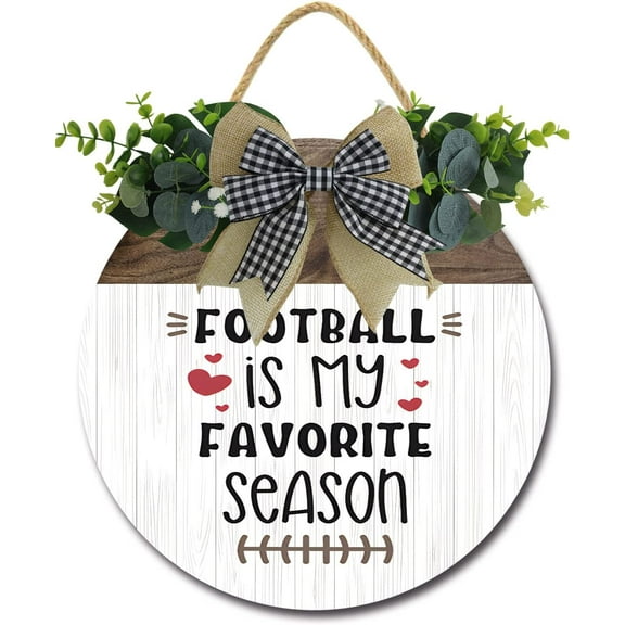 Eveokoki 12" Football Decoration Sign，Football is My Favorite Season Door Sign for Party Decoration Yard，Rustic Wooden Hanging Football Wreaths for Home Wall Decor Gift Outdoor Indoor
