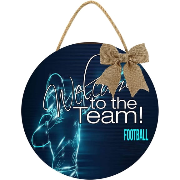 Eveokoki 12" Football Sign Welcome To The Football Team Round Hanging Sign Football Wooden Door Sign Door Hanger,Wood Hanging Decoration